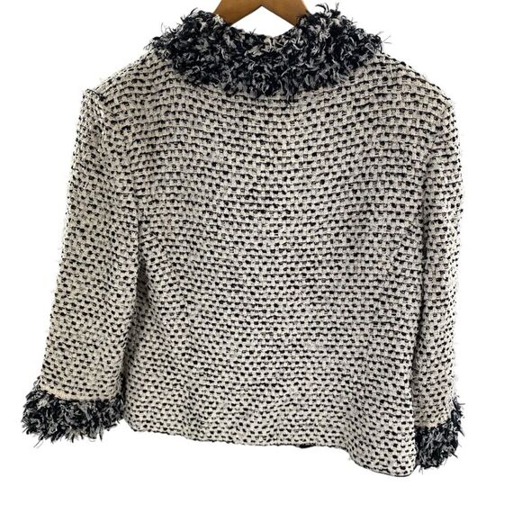 St. John Women’s 10 Fringe Trim‎ Boucle Tweed Blazer Overcoat Cream Black Artsy - Picture 5 of 11